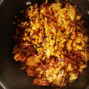 Picture of delectable kimchi & bacon fried rice. 