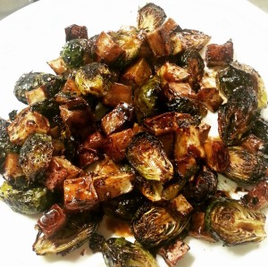 Picture of roasted brussel sprouts and potatoes.